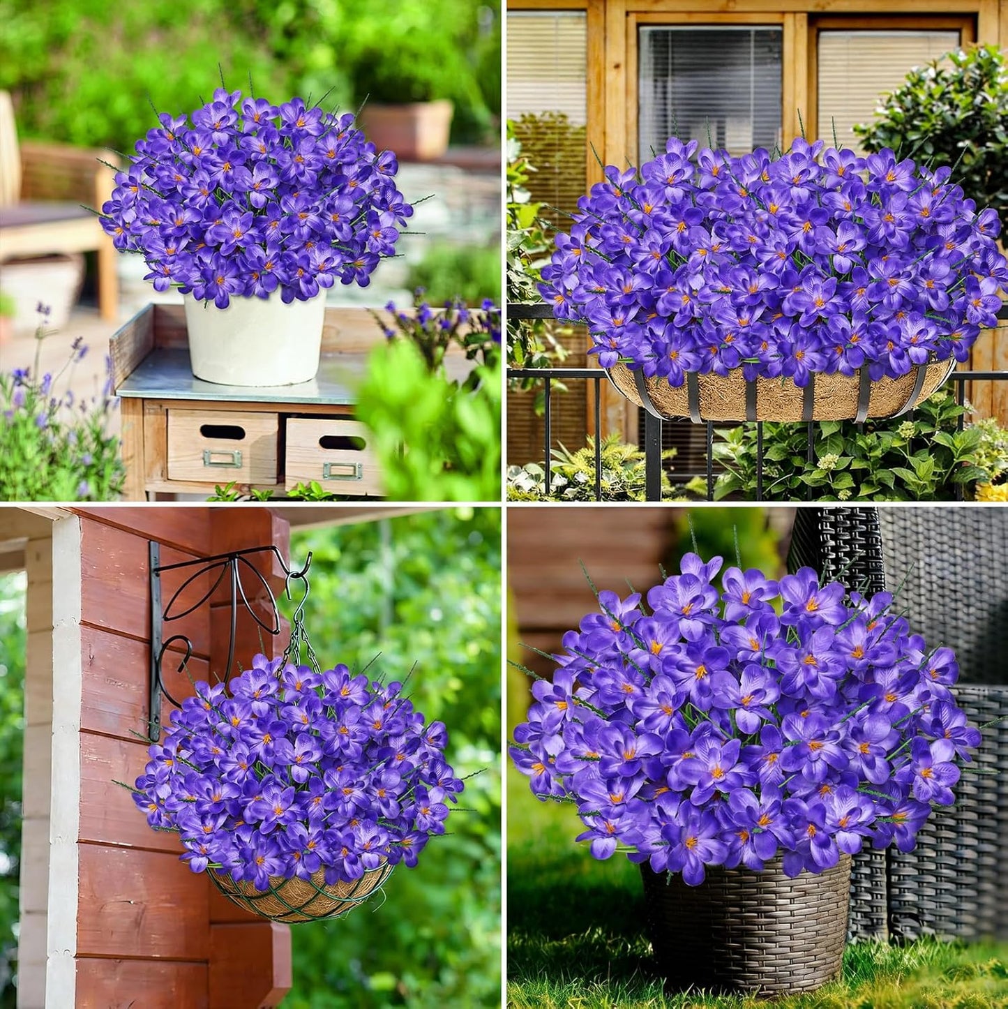 Artificial Flowers for Outdoors 6 Bundles Fake Plastic Flowers UV Resistant Silk Freesia Purple Flowers Artificial Plants & Flowers for Vase Planters Garden Home Wedding Front Door Decor