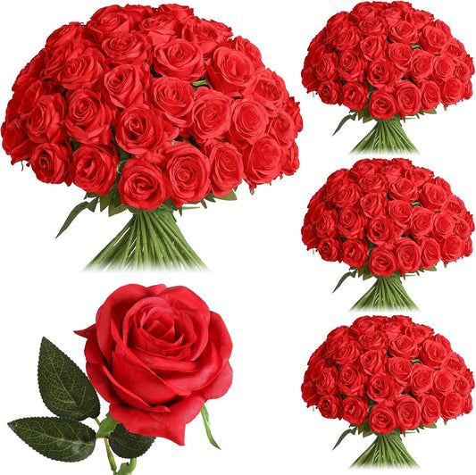 100Pcs Artificial Silk Roses Bulk,Fake Roses Flower with Stems Realistic Flowers for Wedding Centerpiece Home Party Decor(Red)