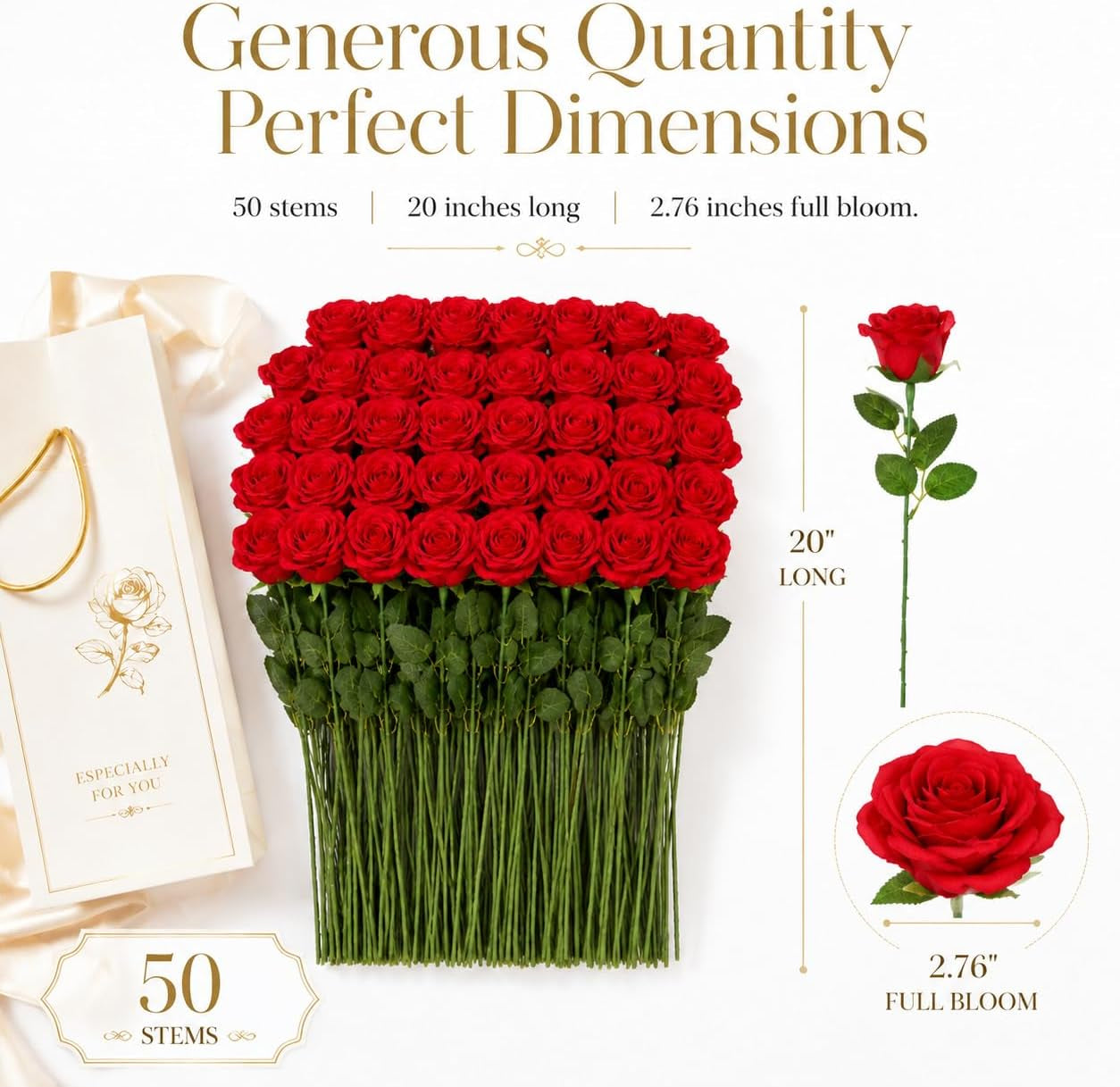 50 PCS Red Roses Artificial Flowers, Fake Red Rose Bouquet, Artificial Silk Red Roses with Stems for DIY Wedding Flowers Decoration, Valentines Day Mothers Day, Bridal Bouquet Roses