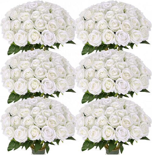 102 PCS White Roses Artificial Flowers, Fake White Roses Bouquet,White Artificial Silk Roses with Stems for DIY Wedding Flowers Decoration, Valentines Day Mothers Day, Bridal Bouquet Roses
