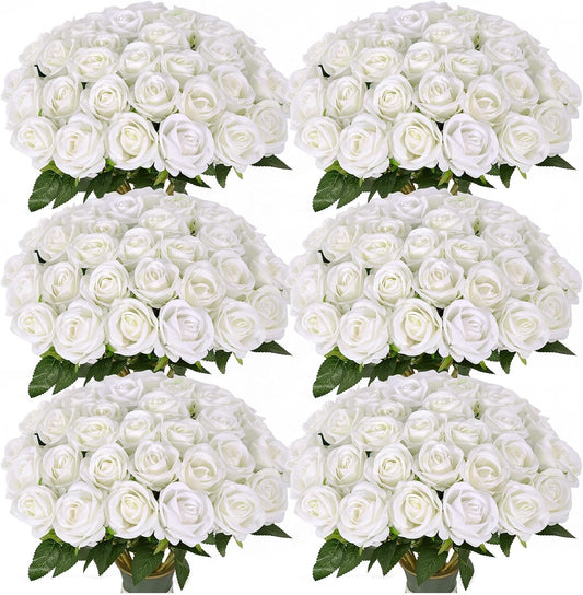 102 PCS White Roses Artificial Flowers, Fake White Roses Bouquet,White Artificial Silk Roses with Stems for DIY Wedding Flowers Decoration, Valentines Day Mothers Day, Bridal Bouquet Roses