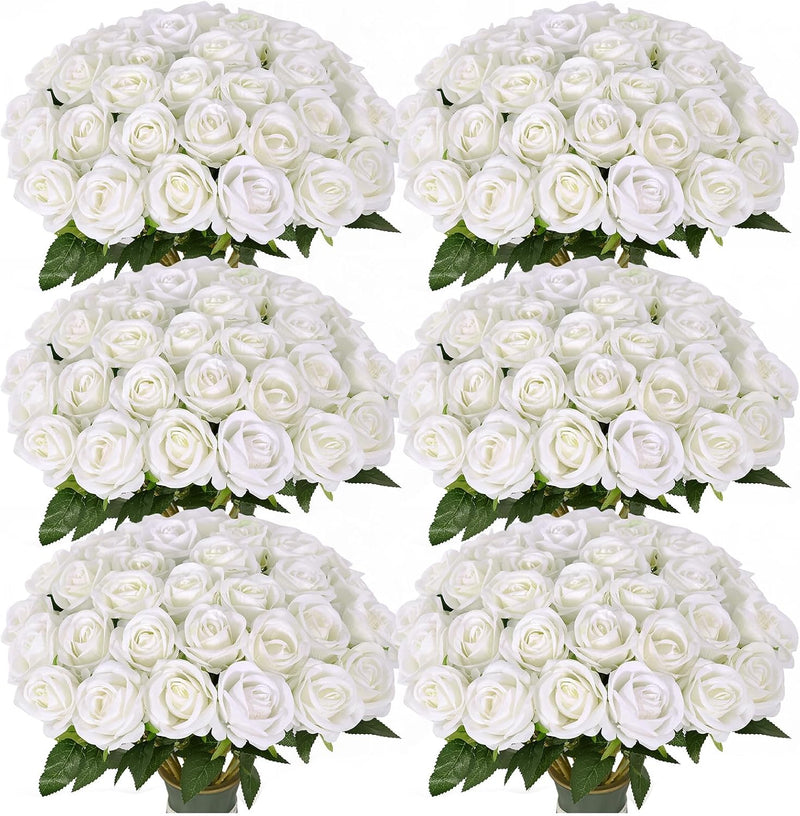 102 PCS White Roses Artificial Flowers, Fake White Roses Bouquet,White Artificial Silk Roses with Stems for DIY Wedding Flowers Decoration, Valentines Day Mothers Day, Bridal Bouquet Roses