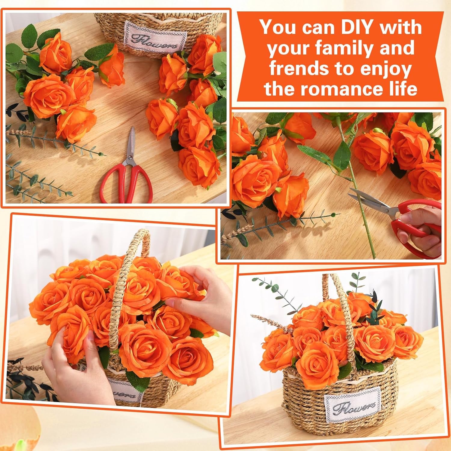 72 Pcs Artificial Roses Burnt Orange Fake Silk Roses Realistic Roses Faux Flower Indoor Wedding Home Decor, Birthday Decorations