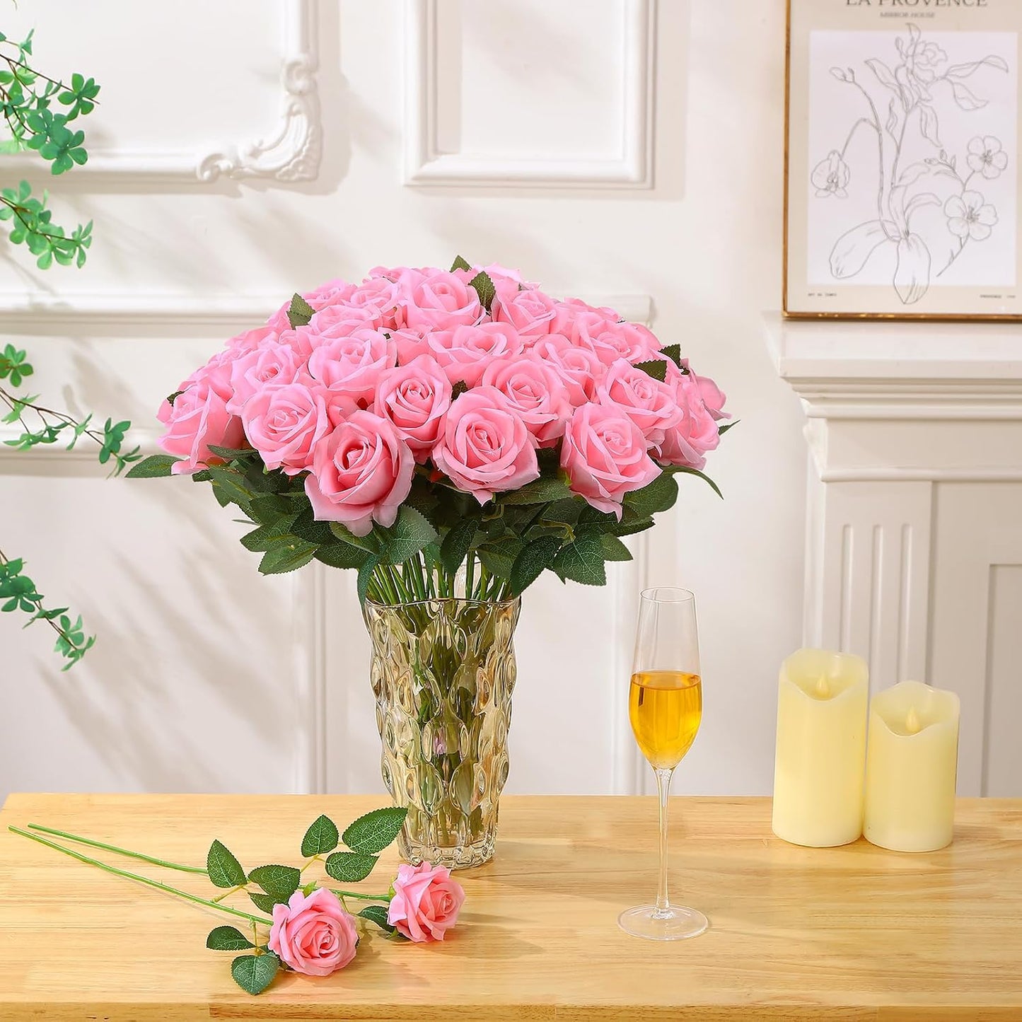 80 Pcs Roses Artificial Flowers, Silk Pink Artificial Flowers Petals Long Stem Roses for Wedding Bouquet Home Party Decor