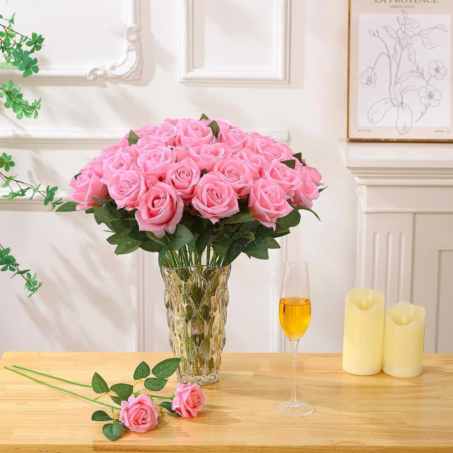 80 Pcs Roses Artificial Flowers, Silk Pink Artificial Flowers Petals Long Stem Roses for Wedding Bouquet Home Party Decor