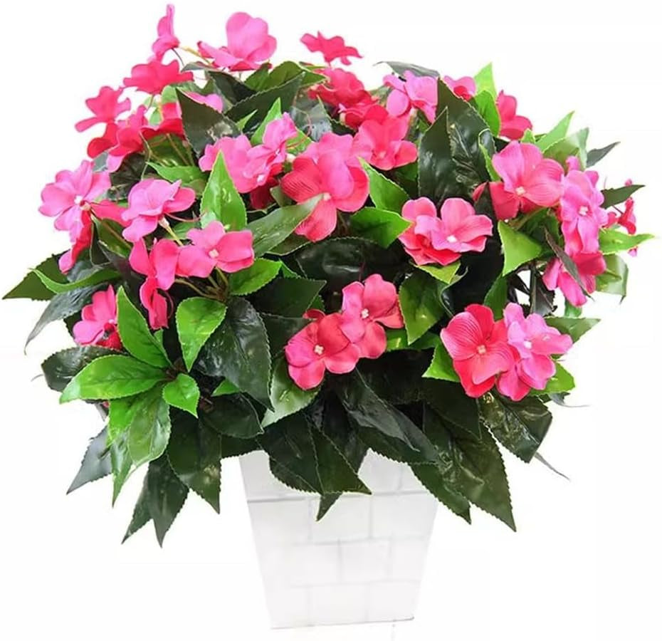 Artificial Plants Outdoor,4Pcs 7Branches Fake Impatiens Artificial Flowers Foroutdoors,Faux Plants for Patio Lawn Balcony Garden Window Box Home Decor