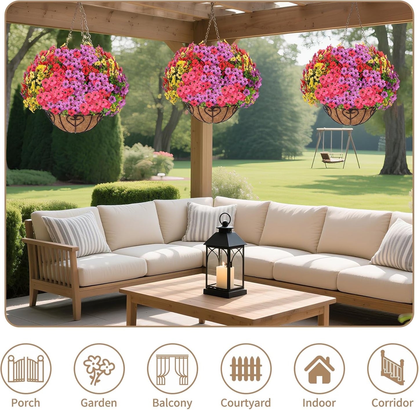 2 Sets Artificial Hanging Flower for Outdoors, Fake Hanging Basket for Outside,2 Hanging Basket with 26 Pcs Faux Silk Flowers for Porch, Balcony and Patio Decor(Mixed)