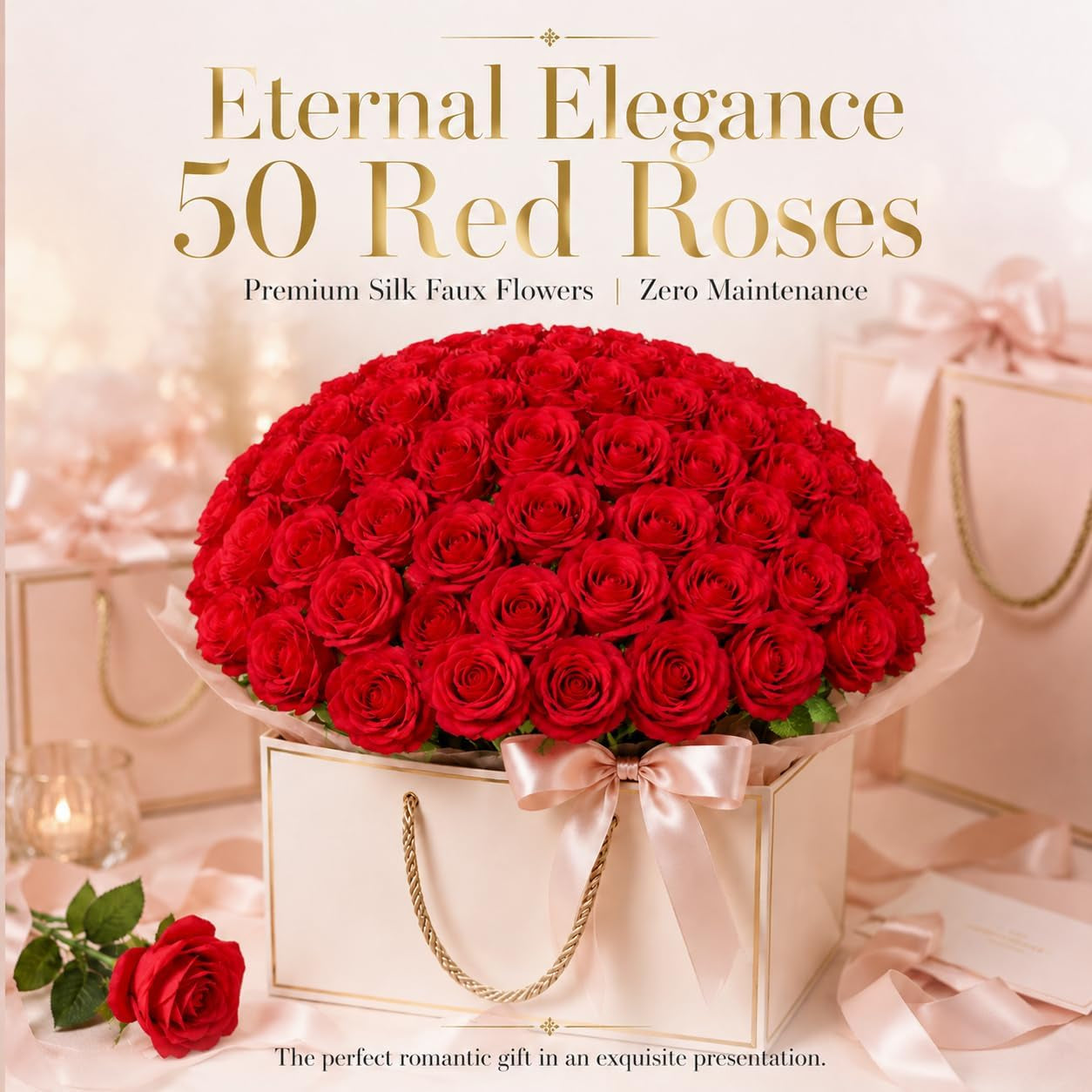50 PCS Red Roses Artificial Flowers, Fake Red Rose Bouquet, Artificial Silk Red Roses with Stems for DIY Wedding Flowers Decoration, Valentines Day Mothers Day, Bridal Bouquet Roses
