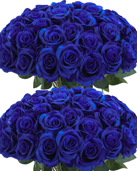 50Pcs Artificial Roses Flowers in Bulk,Realistic Silk Fake Rose with Long Stem for Wedding Centerpieces Bouquet Party Floral Arrangement Home Decoration(Royal Blue)