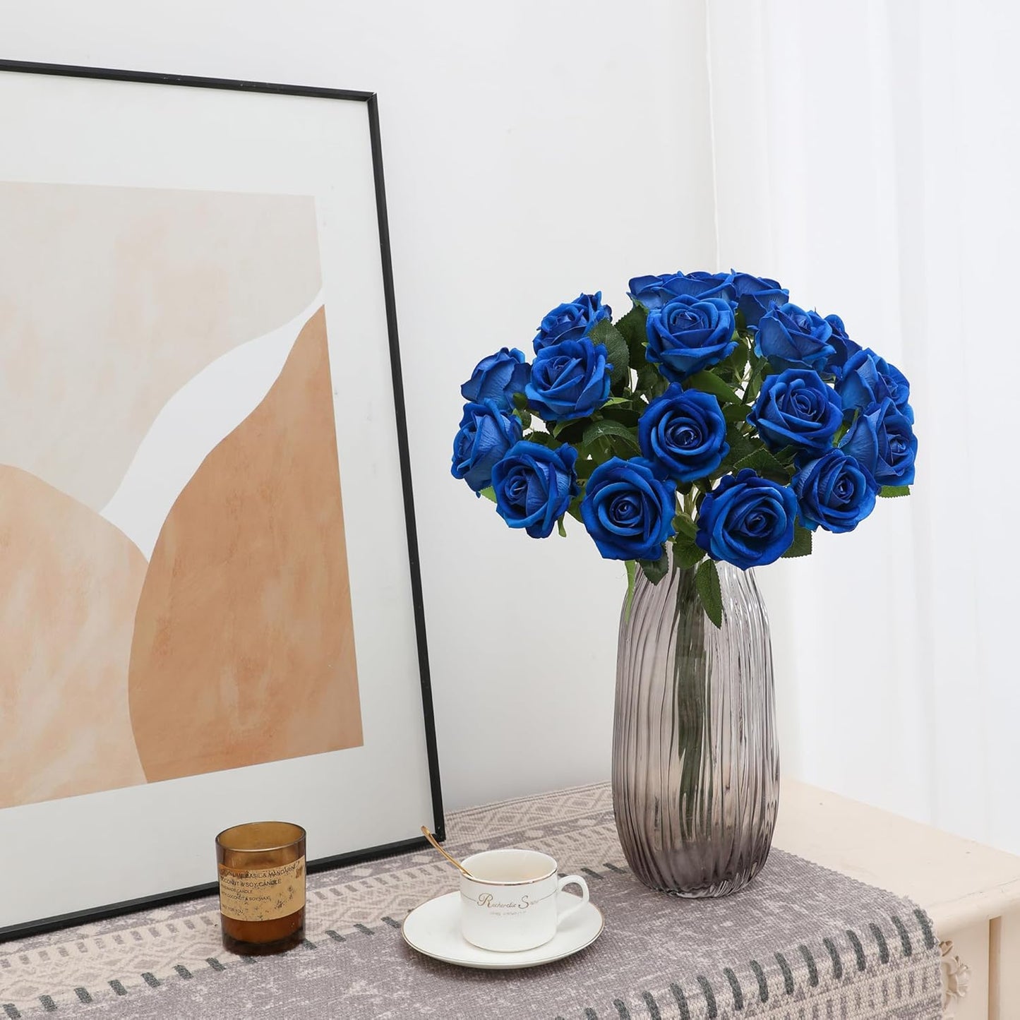 Fake Roses Artificial Silk Flowers - 12 Pcs Blue Roses Artificial Faux Flowers with Stems for Home Wedding Centerpiece Hotel Office Decor