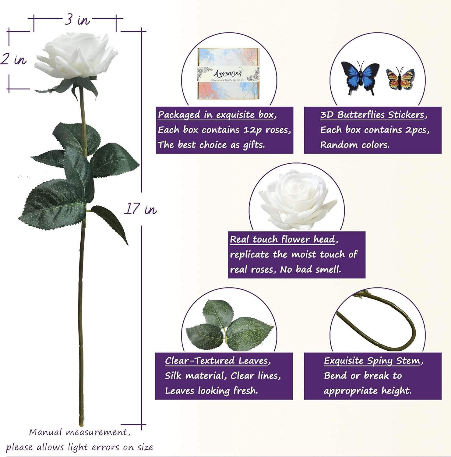 Artificial Flower Rose Bouquet Odorless, 12-Stem Lifelike Single Rose Silk Flowers with Plastic Flowers Stems for Vase Floral Arrangement, Wedding, Home Decor, Sympathy Flowers (Pure White)