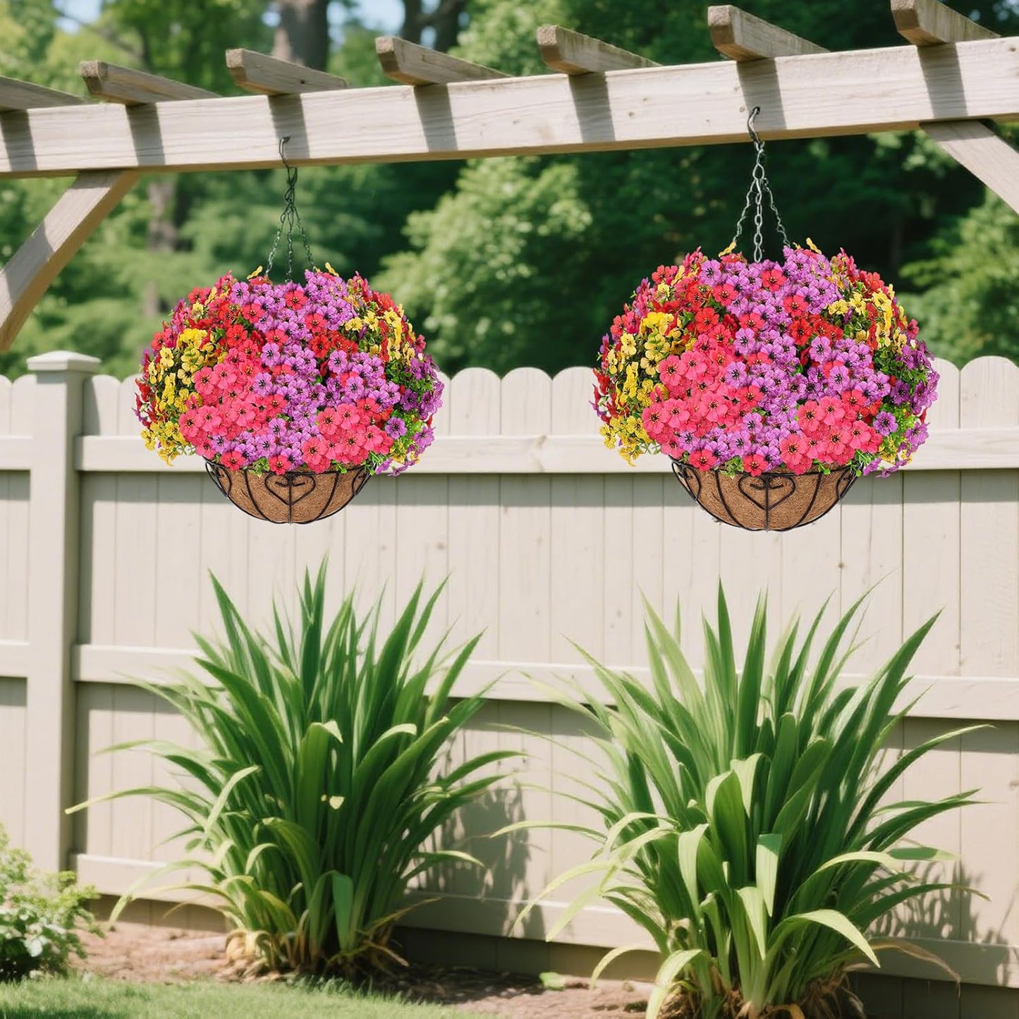 2 Sets Artificial Hanging Flower for Outdoors, Fake Hanging Basket for Outside,2 Hanging Basket with 26 Pcs Faux Silk Flowers for Porch, Balcony and Patio Decor(Mixed)