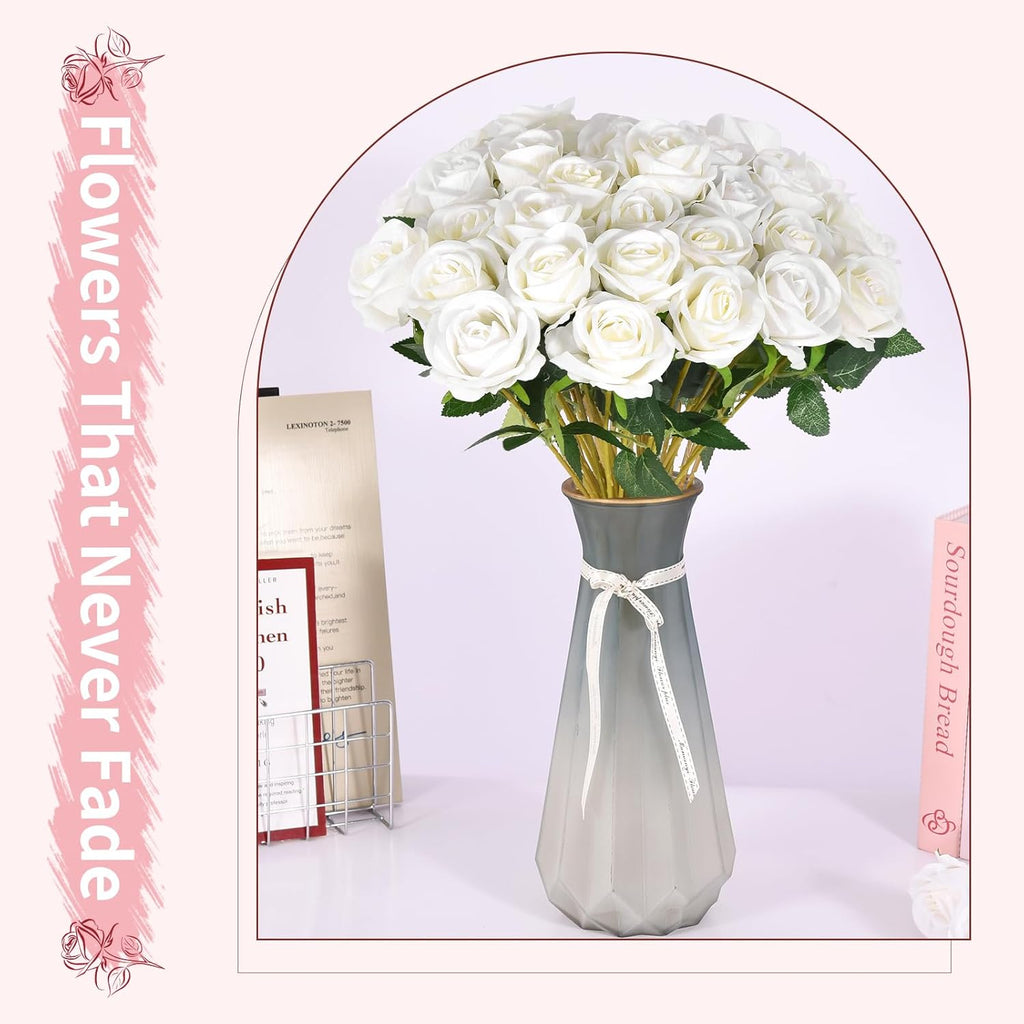 102 PCS White Roses Artificial Flowers, Fake White Roses Bouquet,White Artificial Silk Roses with Stems for DIY Wedding Flowers Decoration, Valentines Day Mothers Day, Bridal Bouquet Roses