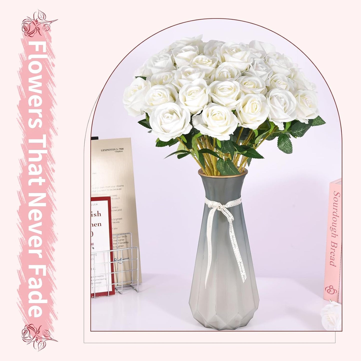102 PCS White Roses Artificial Flowers, Fake White Roses Bouquet,White Artificial Silk Roses with Stems for DIY Wedding Flowers Decoration, Valentines Day Mothers Day, Bridal Bouquet Roses