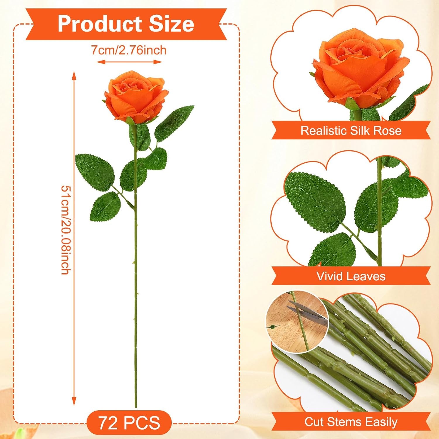 72 Pcs Artificial Roses Burnt Orange Fake Silk Roses Realistic Roses Faux Flower Indoor Wedding Home Decor, Birthday Decorations
