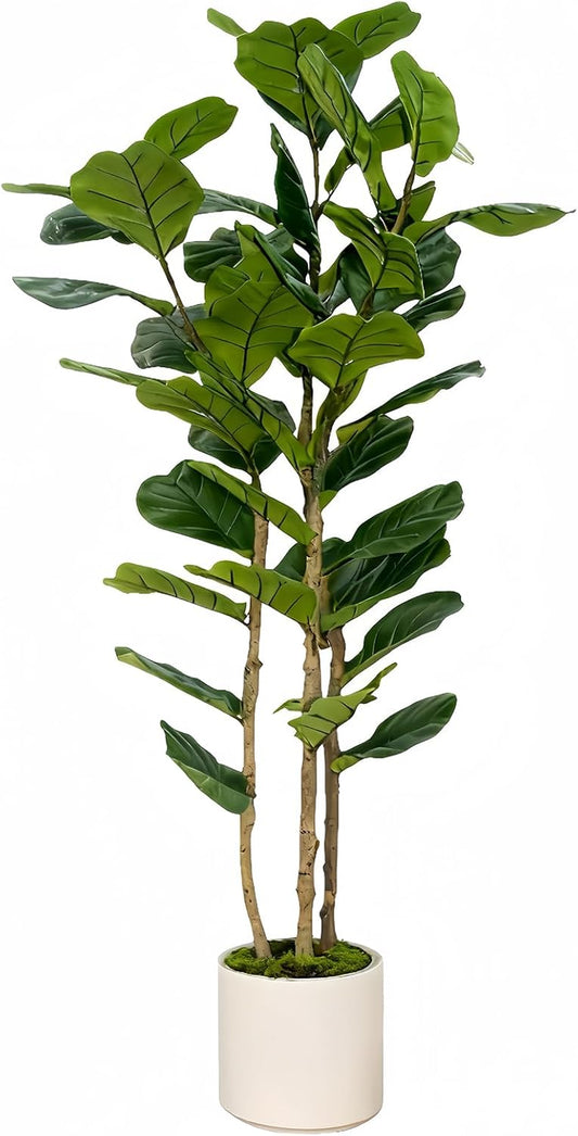 Artificial Fiddle Leaf Fig Tree 6FT with White Tall Planter-Large Faux Tree Tall Fake Floor Plant in Pot,Artificial Plants Indoor for Home Office Living Room Décor(Lyrata 6FT)