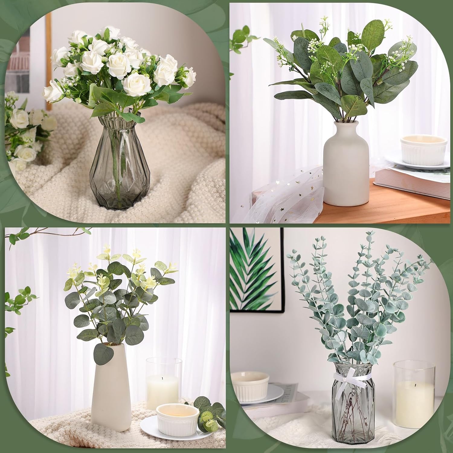 Set of 6 Bridesmaid Bouquets for Wedding, 6 White Roses Bouquets, and 155 Pcs 3 Kinds of Artificial Eucalyptus Stems for Floral Arrangement Table Centerpieces Decorations