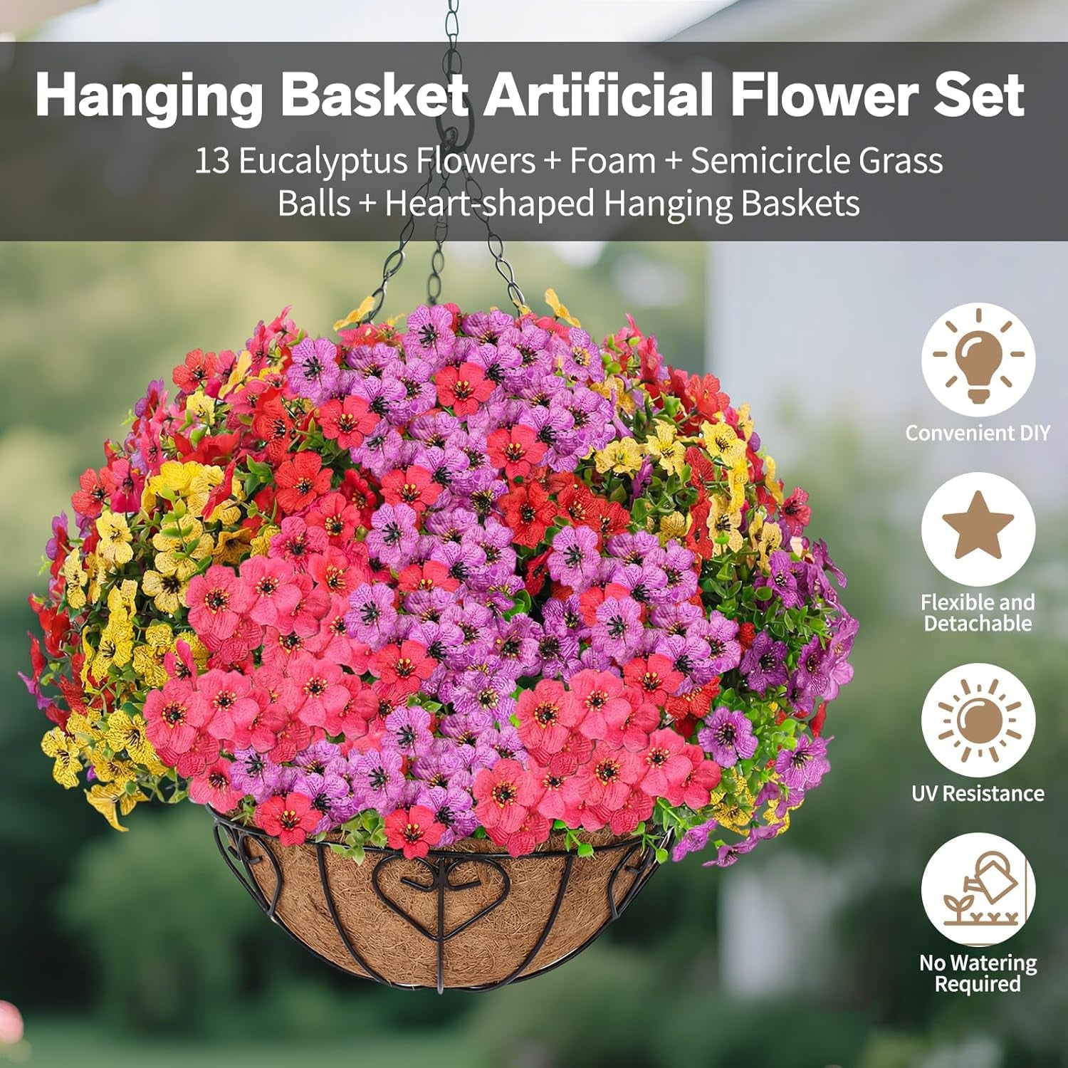 2 Sets Artificial Hanging Flower for Outdoors, Fake Hanging Basket for Outside,2 Hanging Basket with 26 Pcs Faux Silk Flowers for Porch, Balcony and Patio Decor(Mixed)