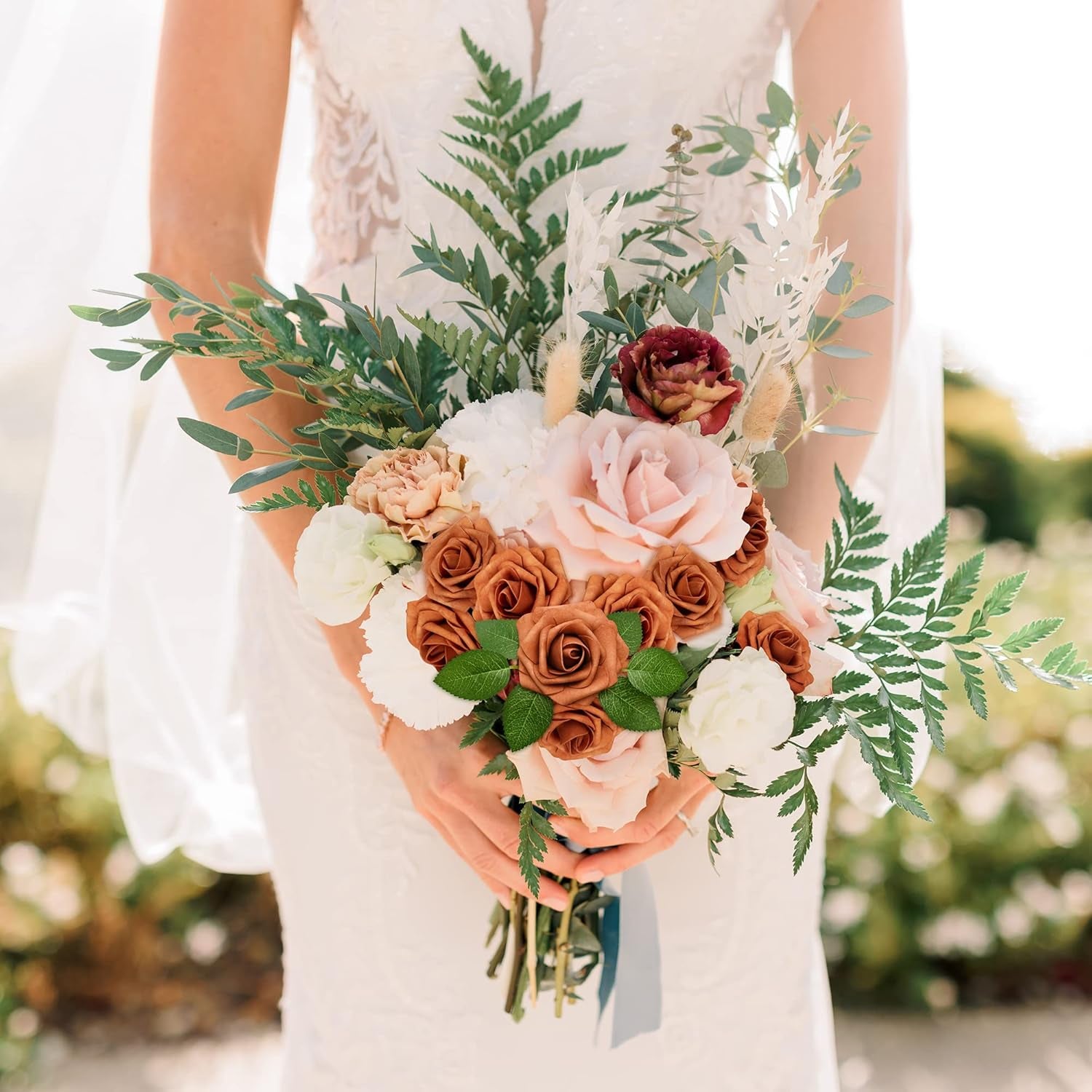 50Pcs Burnt Orange Roses Artificial Flowers, Rust Fake Rose for Decoration, Real Touch Terracotta Foam Roses Bulk with Stems Wedding Bouquet Bridal Shower Centerpieces Arrangement Party Decor