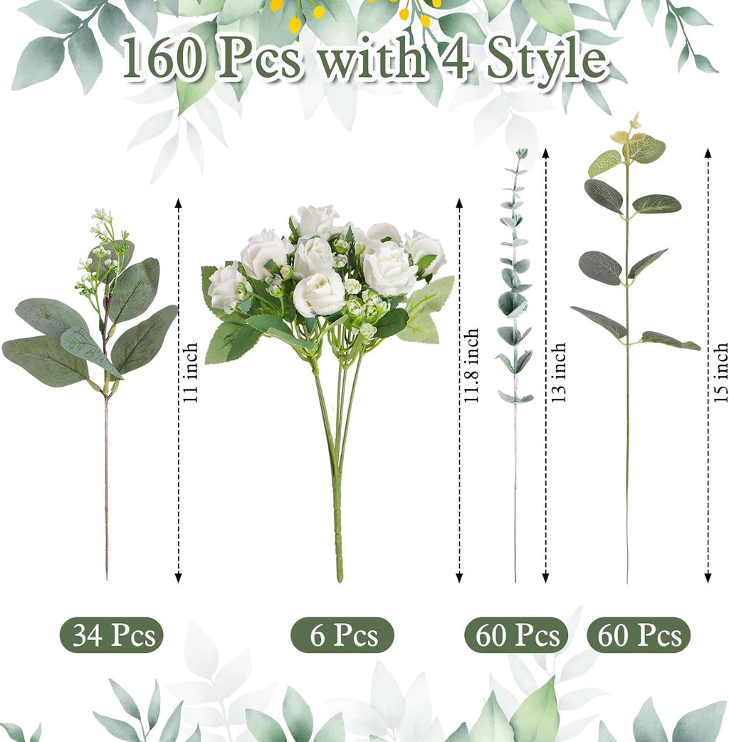 Set of 6 Bridesmaid Bouquets for Wedding, 6 White Roses Bouquets, and 155 Pcs 3 Kinds of Artificial Eucalyptus Stems for Floral Arrangement Table Centerpieces Decorations