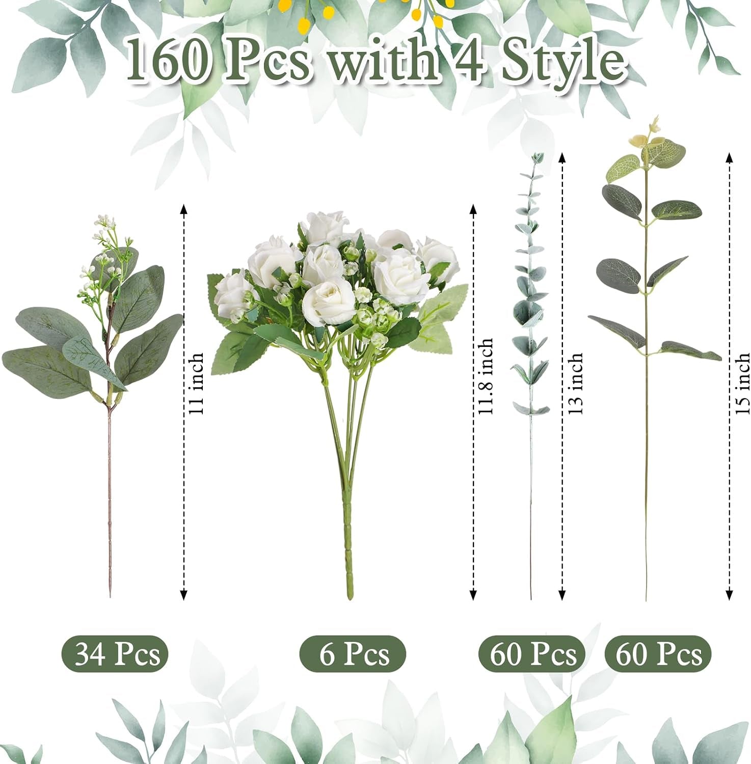 Set of 6 Bridesmaid Bouquets for Wedding, 6 White Roses Bouquets, and 155 Pcs 3 Kinds of Artificial Eucalyptus Stems for Floral Arrangement Table Centerpieces Decorations