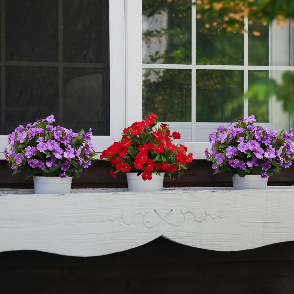 Artificial Plants Outdoor,4Pcs 7Branches Fake Impatiens Artificial Flowers for Outdoors,Faux Plants for Patio Lawn Balcony Garden Window Box Home Decor