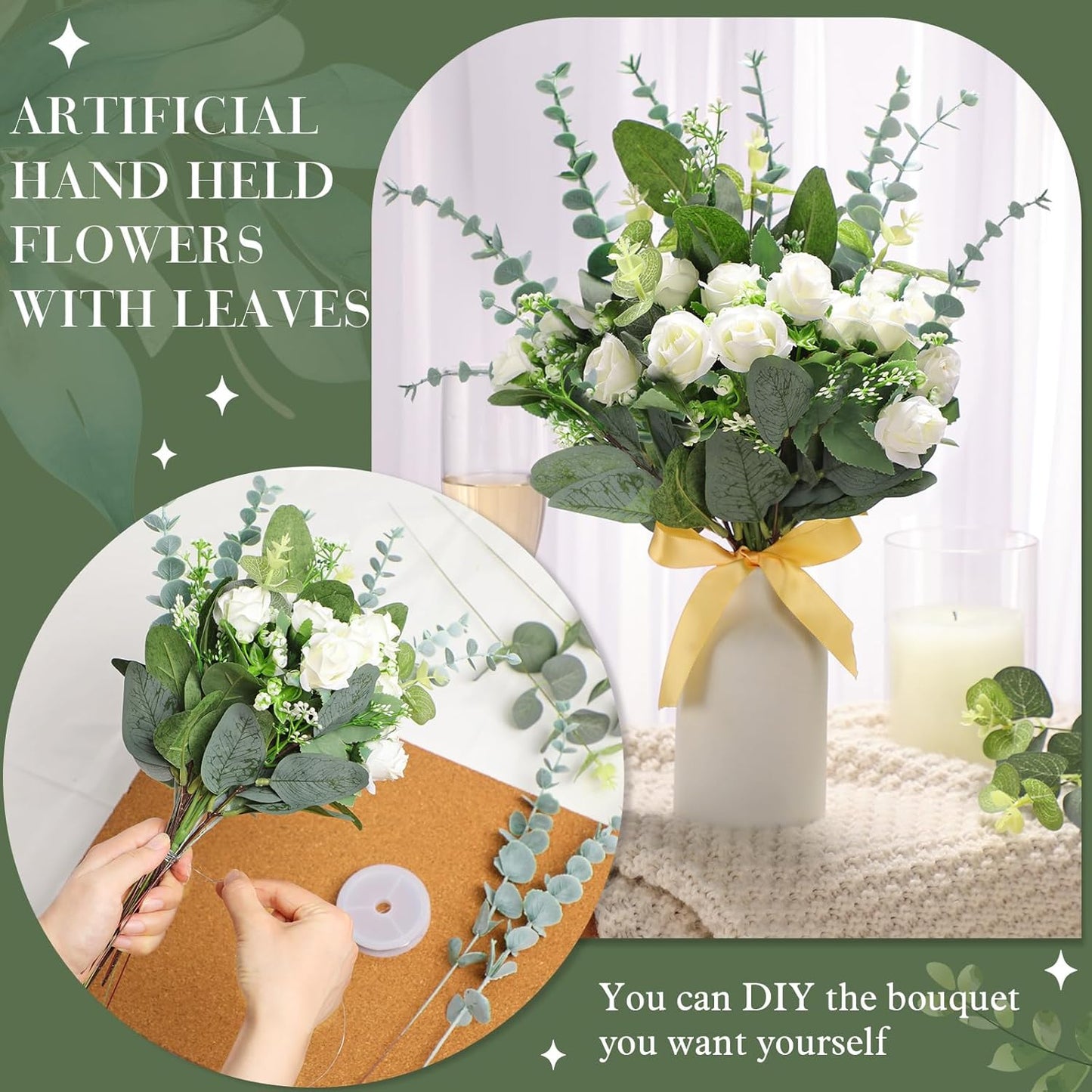 Set of 6 Bridesmaid Bouquets for Wedding, 6 White Roses Bouquets, and 155 Pcs 3 Kinds of Artificial Eucalyptus Stems for Floral Arrangement Table Centerpieces Decorations