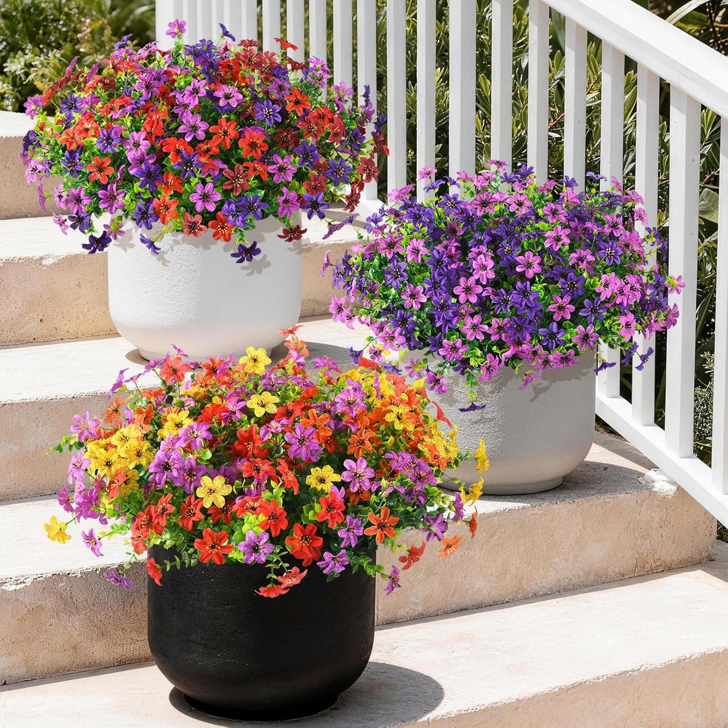 Artificial Flowers for Outdoors Spring Summer Decoration, 12 Bundles Fake Plants UV Resistant Realistic Faux Flower Silk Daisy with Eucalyptus Stem for Patio Planter Porch Yard Window Box Balcony