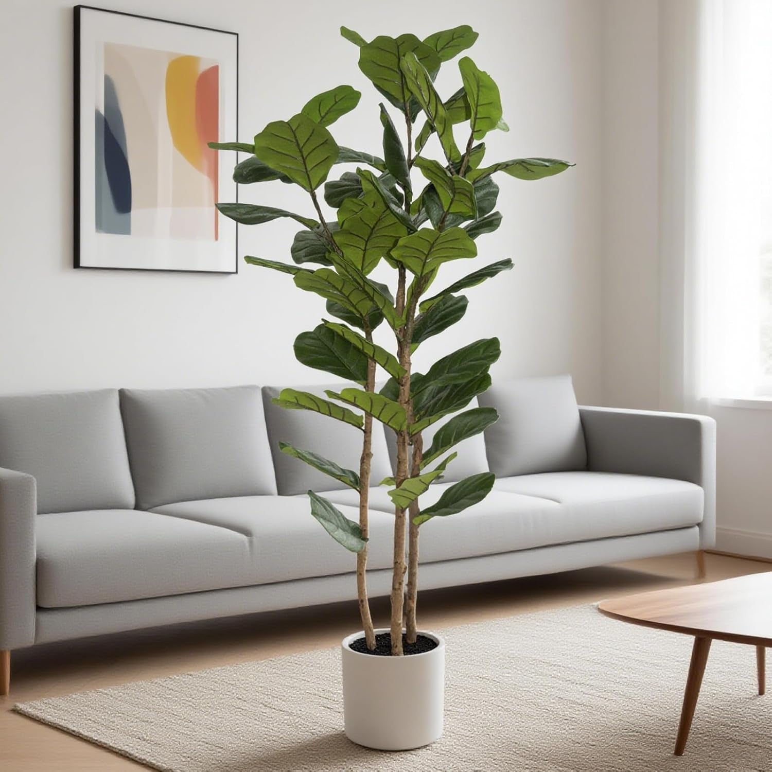 Artificial Fiddle Leaf Fig Tree 6FT with White Tall Planter-Large Faux Tree Tall Fake Floor Plant in Pot,Artificial Plants Indoor for Home Office Living Room Décor(Lyrata 6FT)