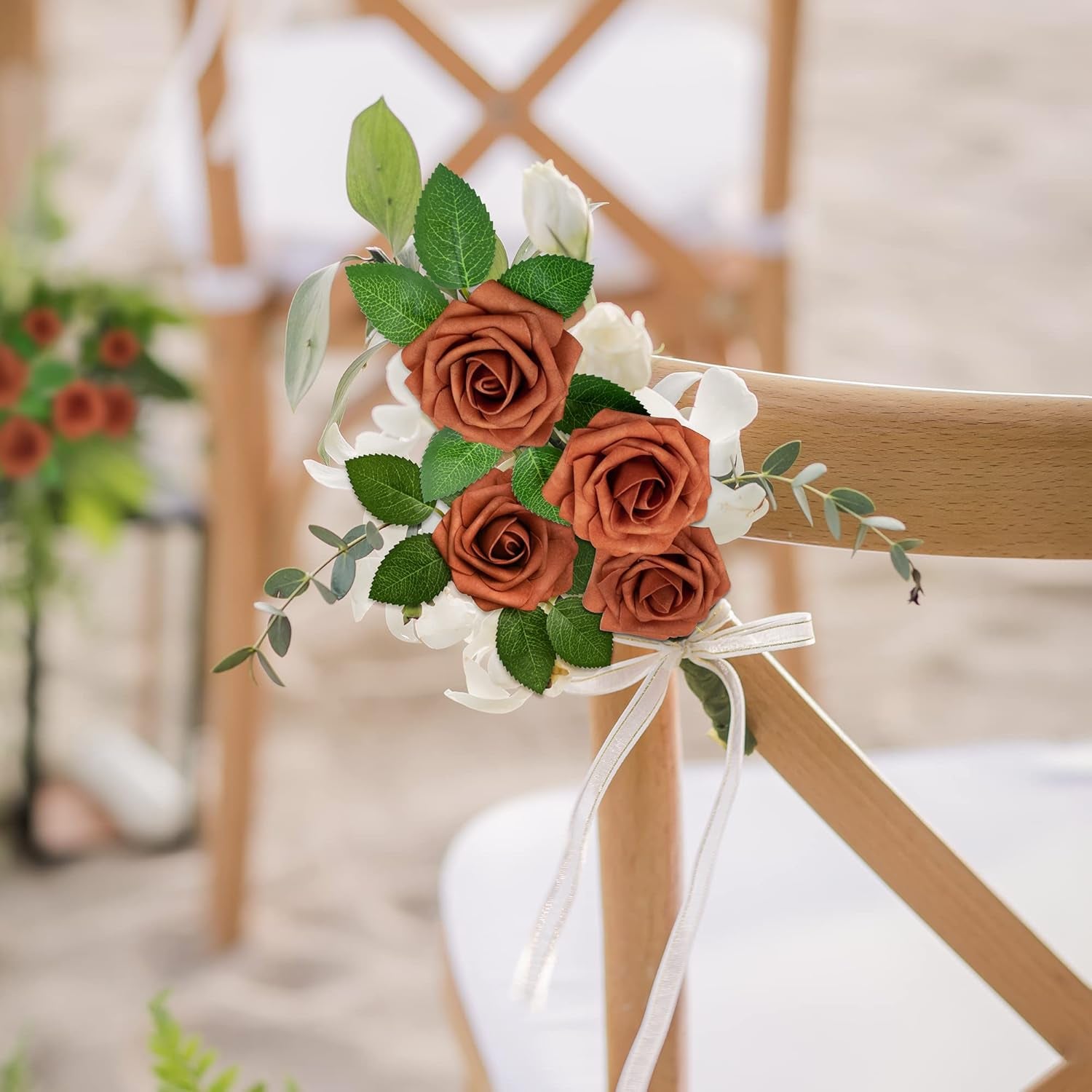 50Pcs Burnt Orange Roses Artificial Flowers, Rust Fake Rose for Decoration, Real Touch Terracotta Foam Roses Bulk with Stems Wedding Bouquet Bridal Shower Centerpieces Arrangement Party Decor