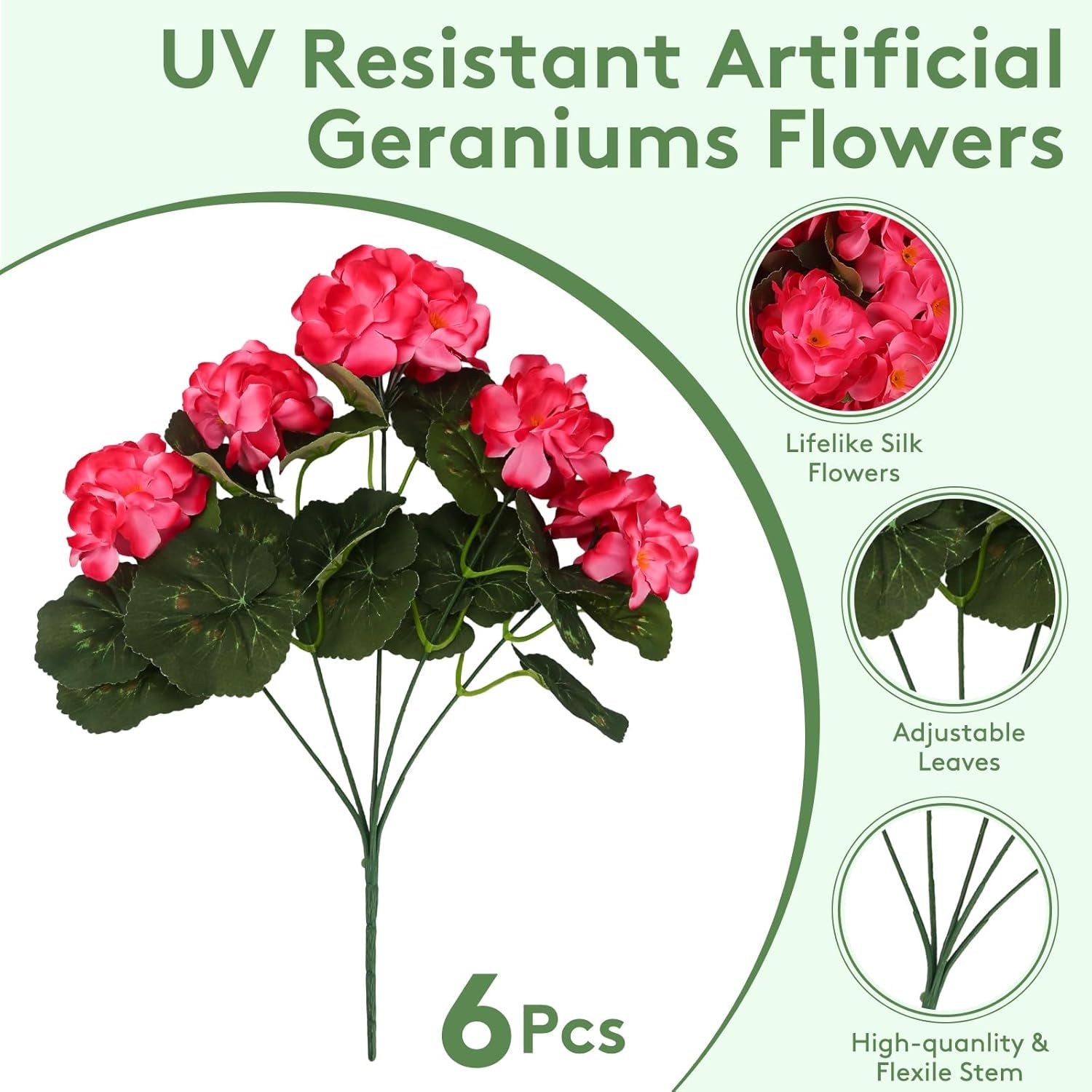 Artificial Flowers for Outdoor, UV Resistant Realistic Geranium Fake Flowers-Faux Flowers for Outdoor Planters, Garden, Porch, Patio, Window Box Home Decor All Year round (6, Rose Red)