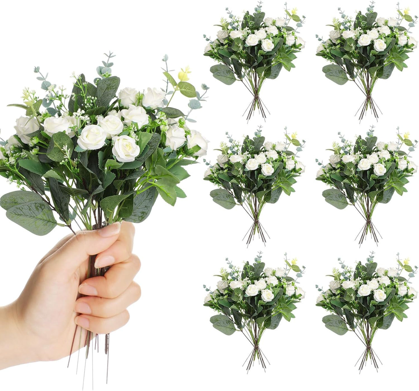 Set of 6 Bridesmaid Bouquets for Wedding, 6 White Roses Bouquets, and 155 Pcs 3 Kinds of Artificial Eucalyptus Stems for Floral Arrangement Table Centerpieces Decorations