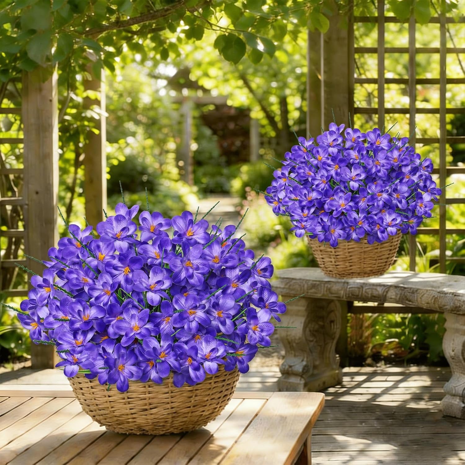 Artificial Flowers for Outdoors 6 Bundles Fake Plastic Flowers UV Resistant Silk Freesia Purple Flowers Artificial Plants & Flowers for Vase Planters Garden Home Wedding Front Door Decor