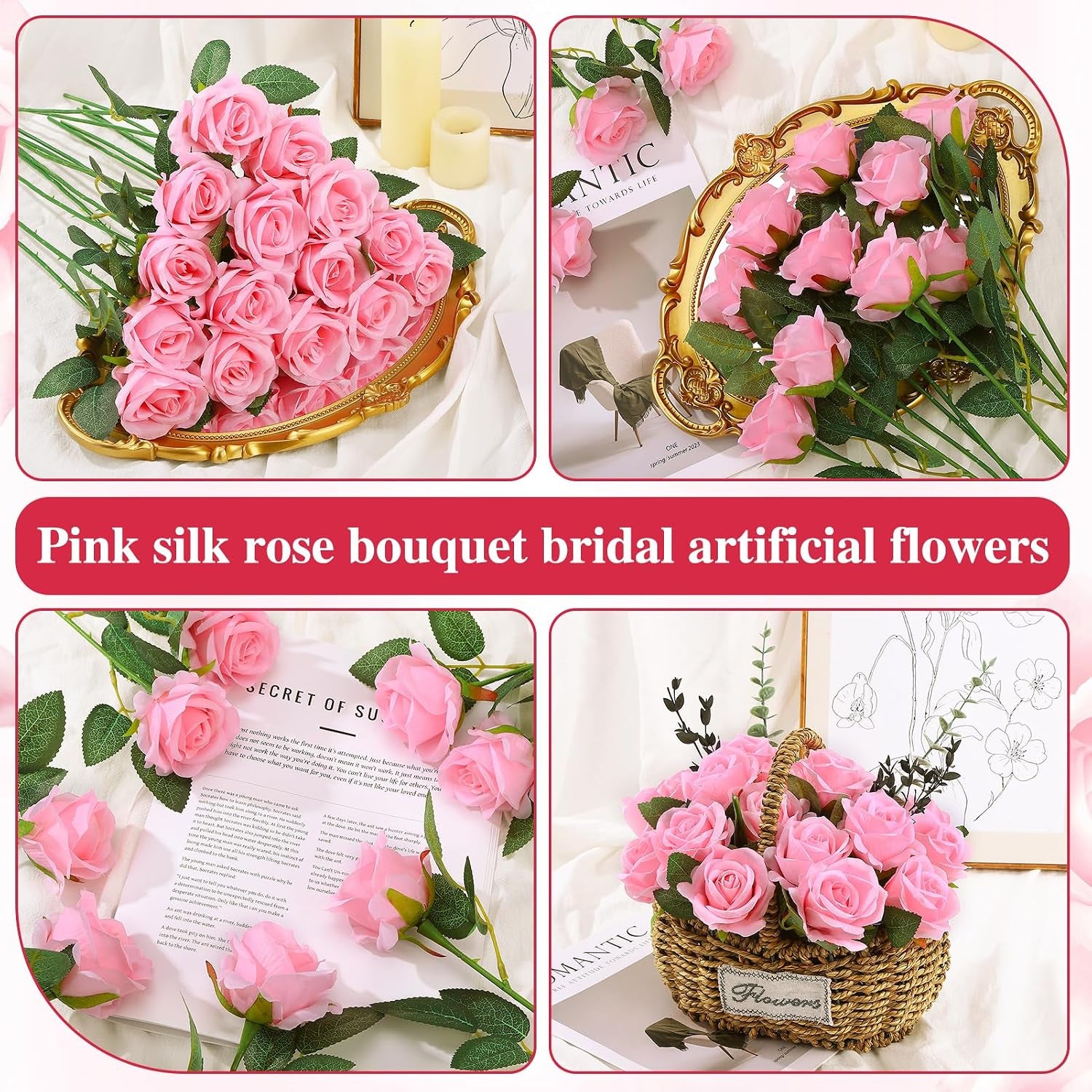 80 Pcs Roses Artificial Flowers, Silk Pink Artificial Flowers Petals Long Stem Roses for Wedding Bouquet Home Party Decor
