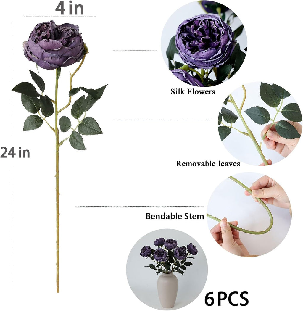 6Pcs Burnt Purple Artificial Roses Flowers Fake Silk Roses Flower with Long Stem for Wedding Decorations Table Centerpieces Flower Arrangement Home Decor (Burnt Purple)
