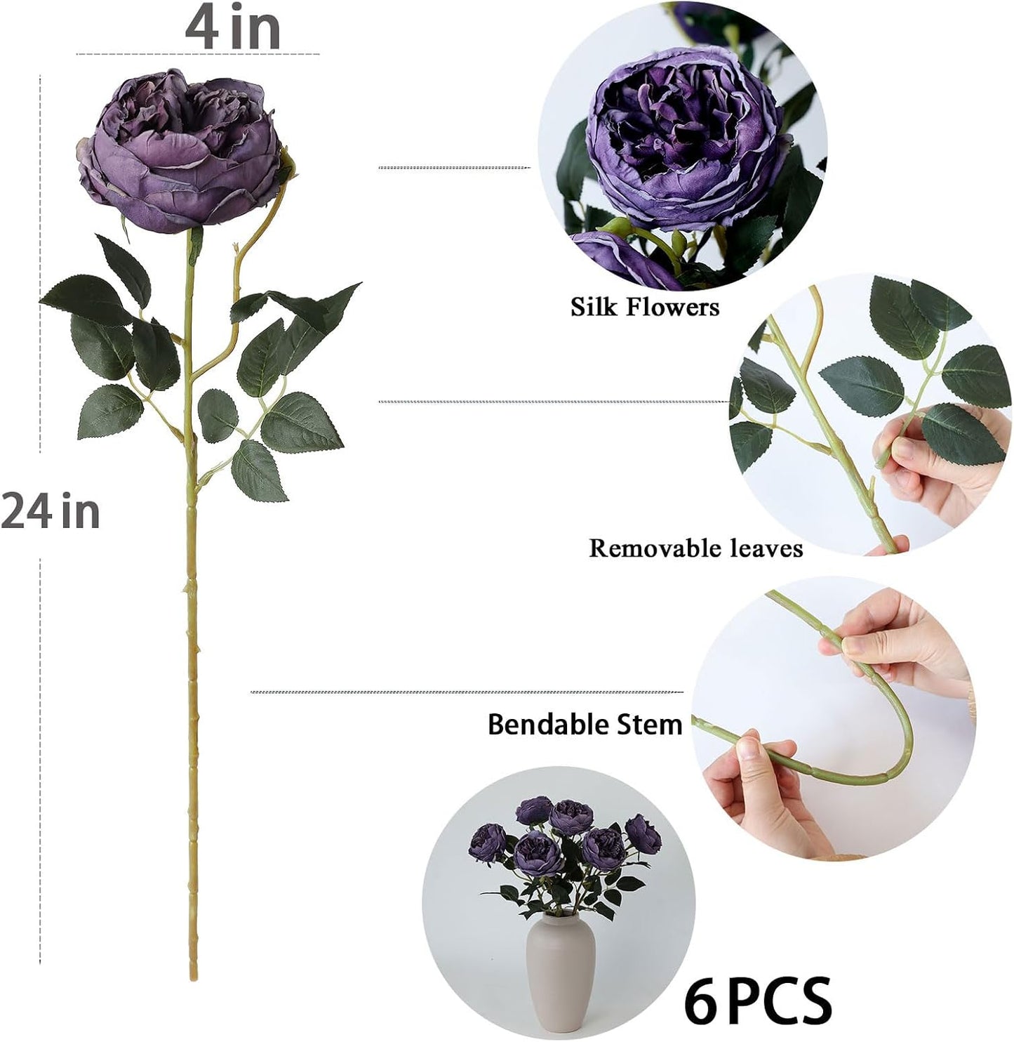 6Pcs Burnt Purple Artificial Roses Flowers Fake Silk Roses Flower with Long Stem for Wedding Decorations Table Centerpieces Flower Arrangement Home Decor (Burnt Purple)
