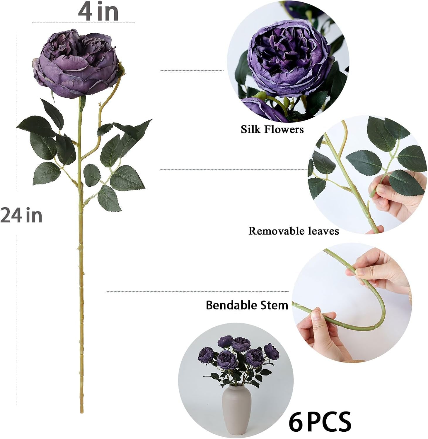6Pcs Burnt Purple Artificial Roses Flowers Fake Silk Roses Flower with Long Stem for Wedding Decorations Table Centerpieces Flower Arrangement Home Decor (Burnt Purple)