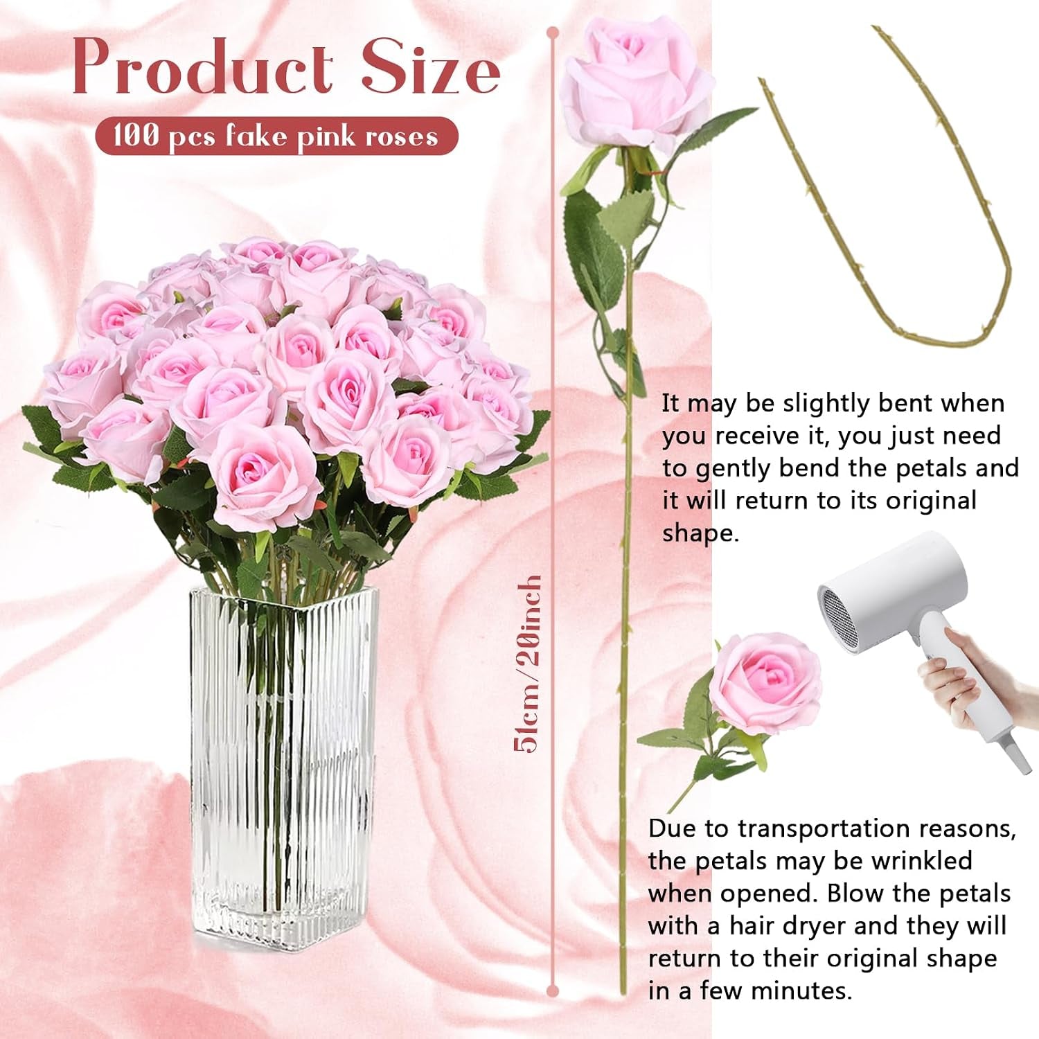 100 Pcs Artificial Silk Roses Flowers Bulk Realistic Long Stem Faux Flower Bouquet for Wedding Centerpieces, Valentine'S Day Decor, Home Arrangements, Table Decorations(Pink)