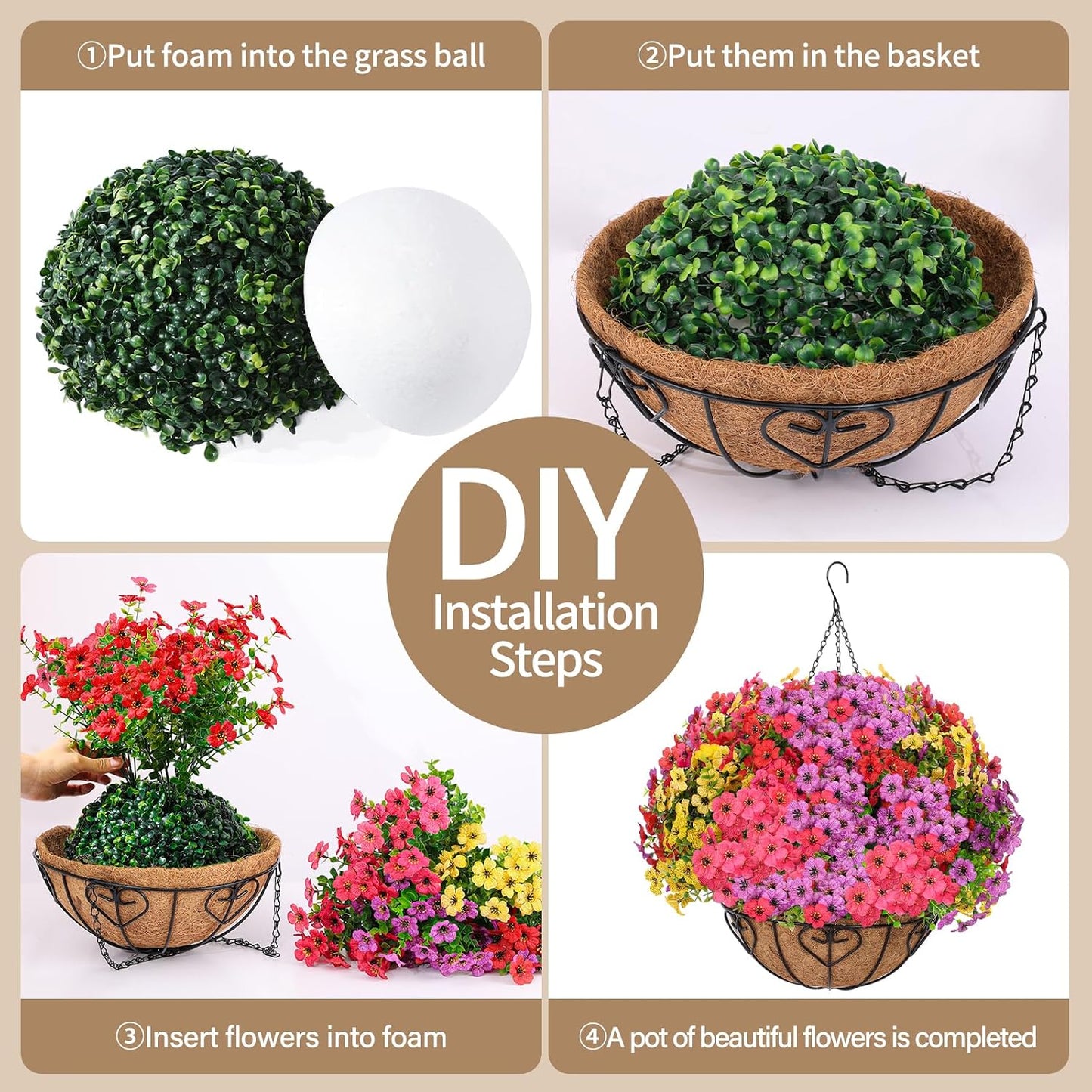 2 Sets Artificial Hanging Flower for Outdoors, Fake Hanging Basket for Outside,2 Hanging Basket with 26 Pcs Faux Silk Flowers for Porch, Balcony and Patio Decor(Mixed)