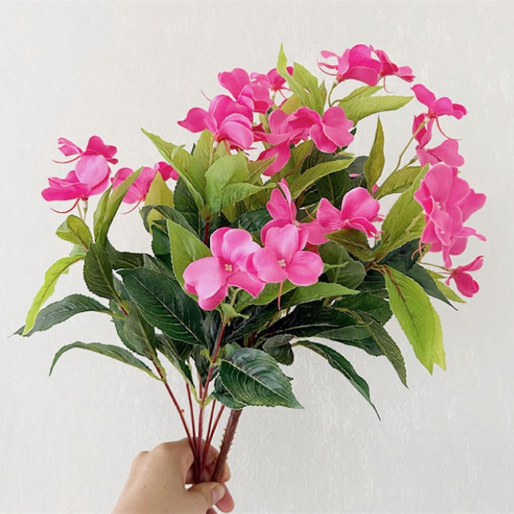 Artificial Plants Outdoor,4Pcs 7Branches Fake Impatiens Artificial Flowers Foroutdoors,Faux Plants for Patio Lawn Balcony Garden Window Box Home Decor