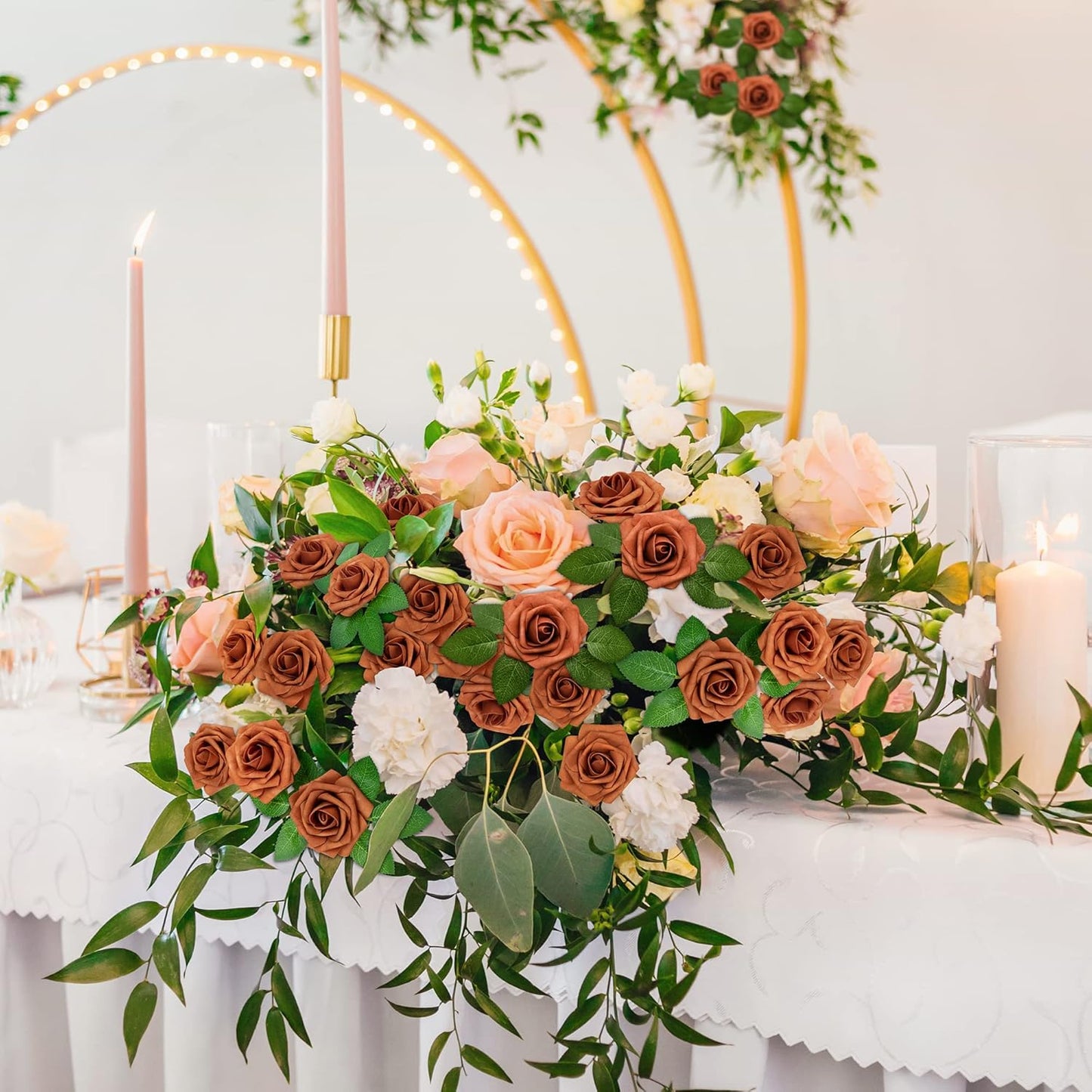50Pcs Burnt Orange Roses Artificial Flowers, Rust Fake Rose for Decoration, Real Touch Terracotta Foam Roses Bulk with Stems Wedding Bouquet Bridal Shower Centerpieces Arrangement Party Decor
