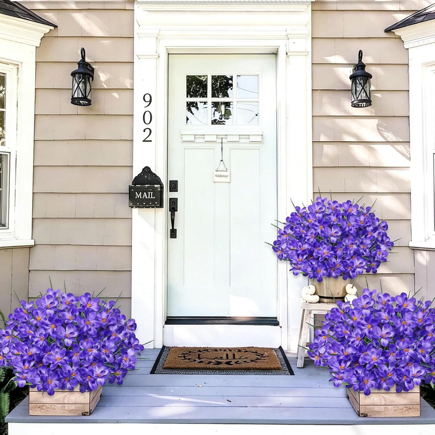 Artificial Flowers for Outdoors 6 Bundles Fake Plastic Flowers UV Resistant Silk Freesia Purple Flowers Artificial Plants & Flowers for Vase Planters Garden Home Wedding Front Door Decor