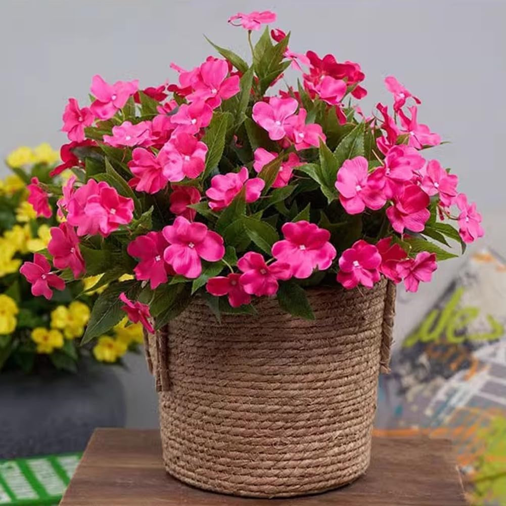 Artificial Plants Outdoor,4Pcs 7Branches Fake Impatiens Artificial Flowers Foroutdoors,Faux Plants for Patio Lawn Balcony Garden Window Box Home Decor