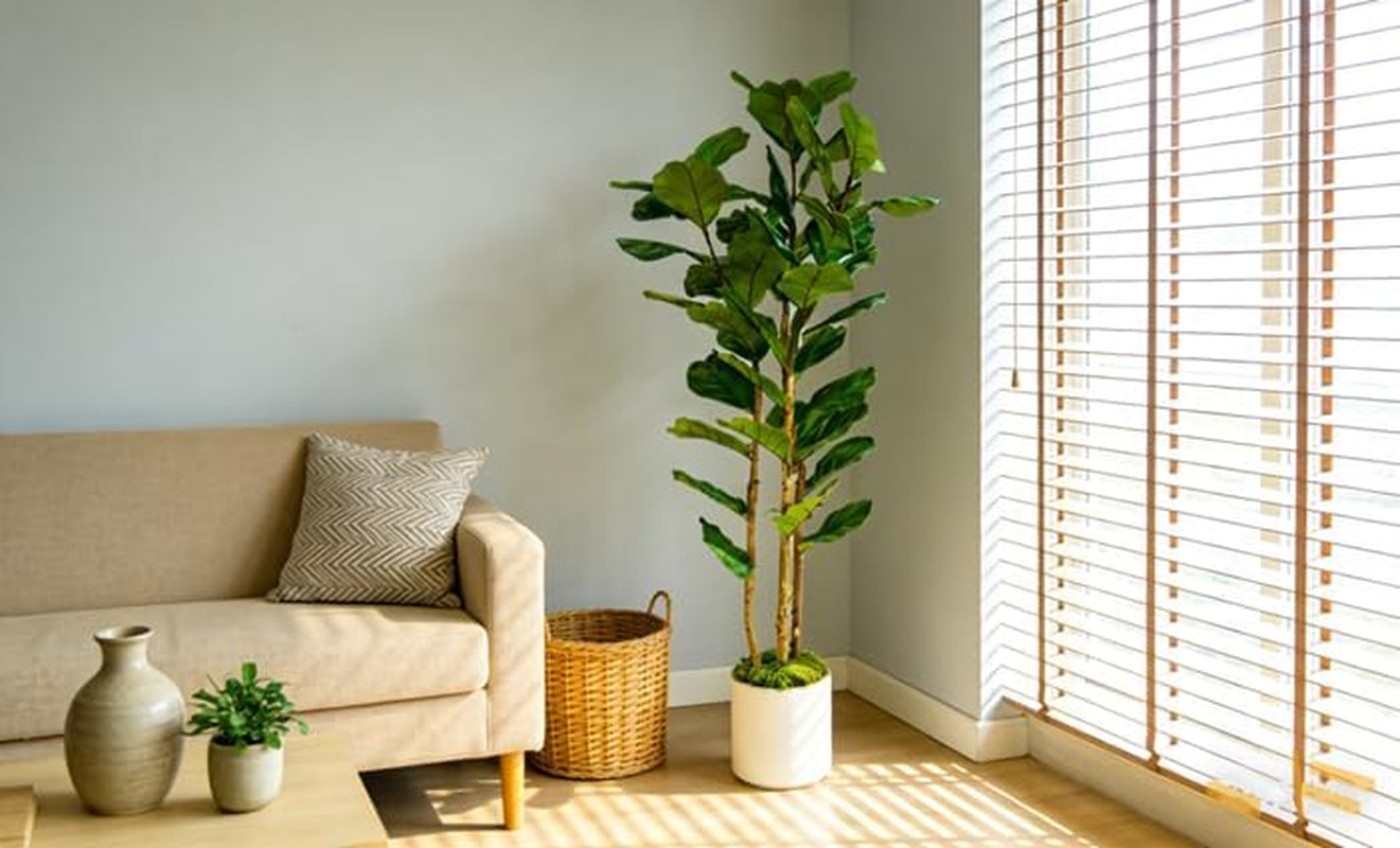 Artificial Fiddle Leaf Fig Tree 6FT with White Tall Planter-Large Faux Tree Tall Fake Floor Plant in Pot,Artificial Plants Indoor for Home Office Living Room Décor(Lyrata 6FT)
