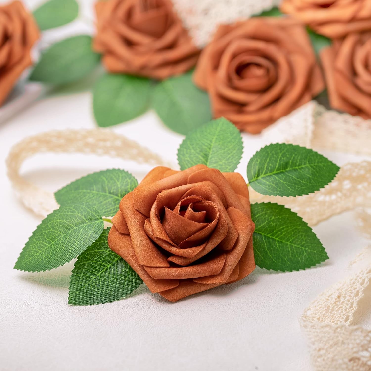 50Pcs Burnt Orange Roses Artificial Flowers, Rust Fake Rose for Decoration, Real Touch Terracotta Foam Roses Bulk with Stems Wedding Bouquet Bridal Shower Centerpieces Arrangement Party Decor
