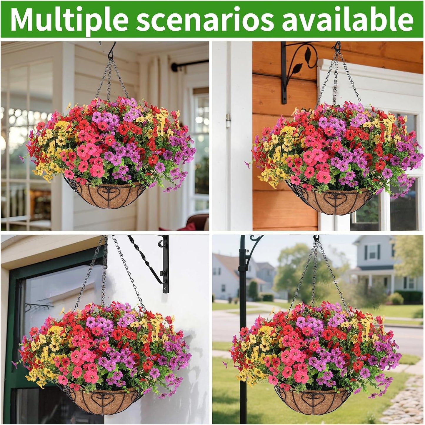 2 Sets Artificial Hanging Flower for Outdoors, Fake Hanging Basket for Outside,2 Hanging Basket with 26 Pcs Faux Silk Flowers for Porch, Balcony and Patio Decor(Mixed)