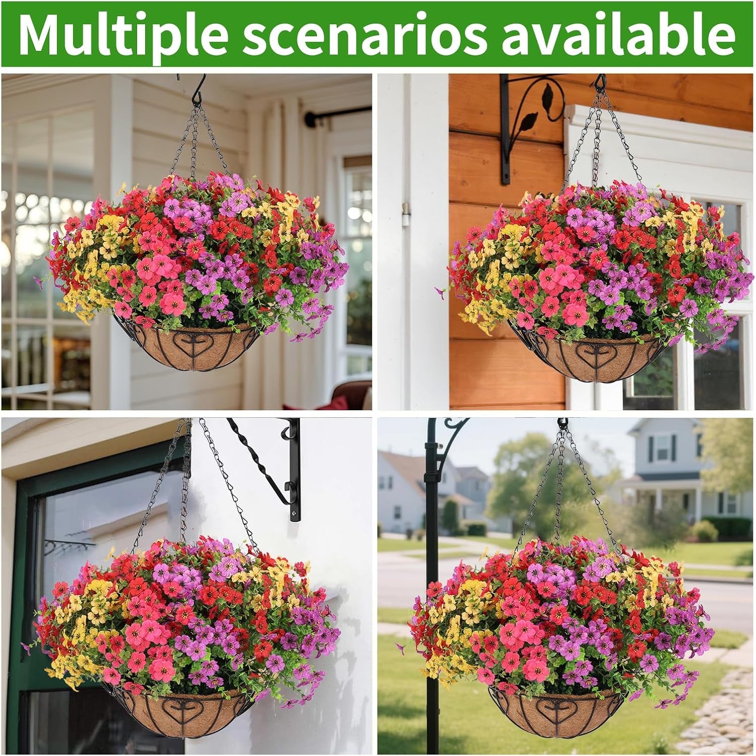 2 Sets Artificial Hanging Flower for Outdoors, Fake Hanging Basket for Outside,2 Hanging Basket with 26 Pcs Faux Silk Flowers for Porch, Balcony and Patio Decor(Mixed)