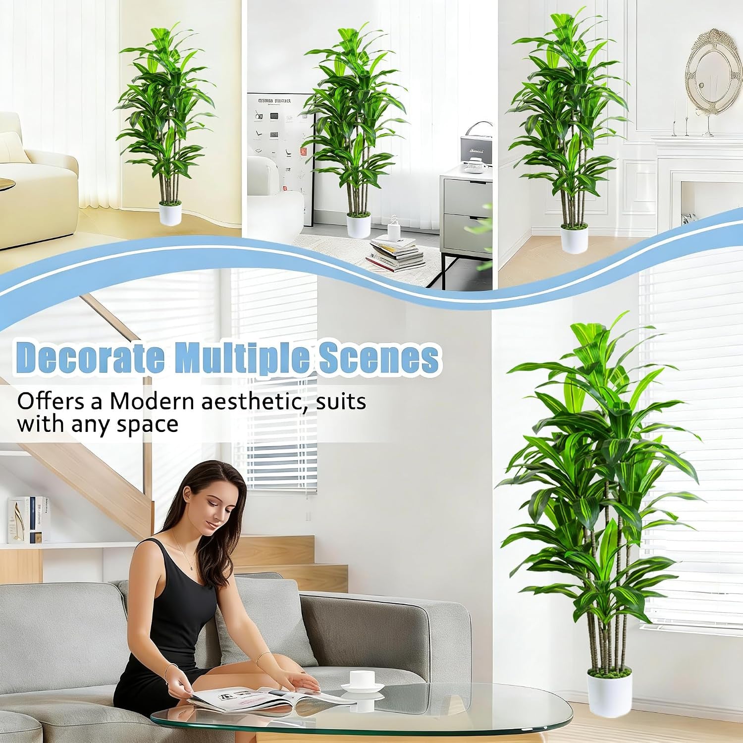 Artificial Dracaena Fake Tree 6FT, White High Pot Artificial Plants Indoor&Outdoor, Fake Plants for Office/Home/Living Room Potted Decoration