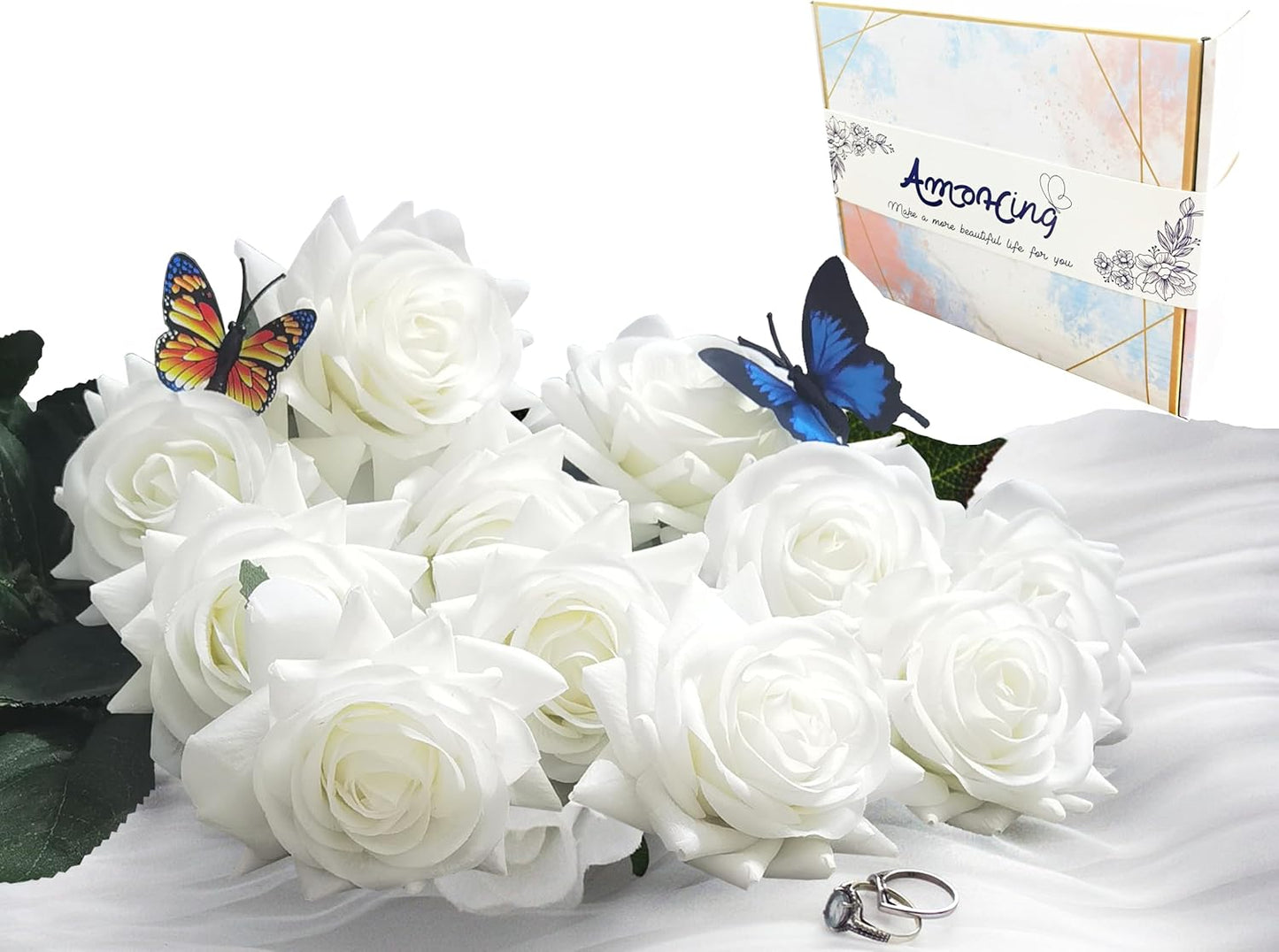 Artificial Flower Rose Bouquet Odorless, 12-Stem Lifelike Single Rose Silk Flowers with Plastic Flowers Stems for Vase Floral Arrangement, Wedding, Home Decor, Sympathy Flowers (Pure White)