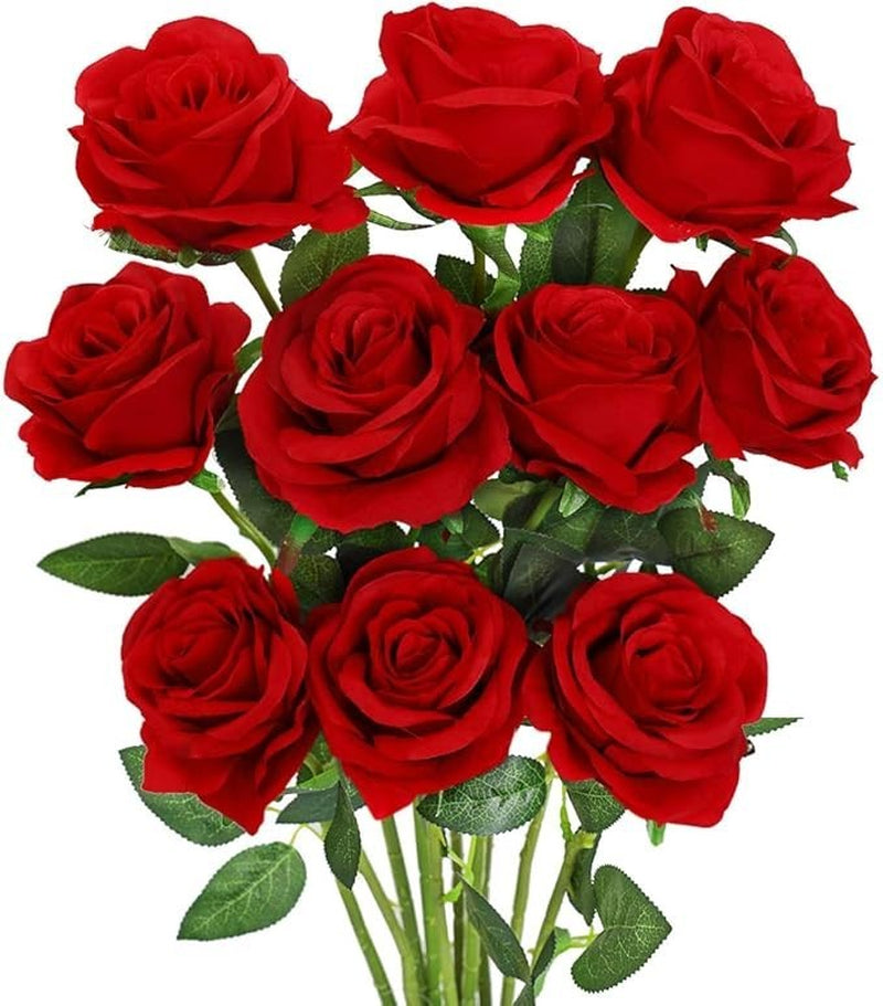 Luyue 10PCS Artificial Roses Flower with Stems Slik Fake Flowers A-Red